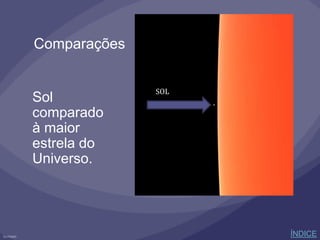 Comparações
Sol
comparado
à maior
estrela do
Universo.
SOL
ÍNDICE
 