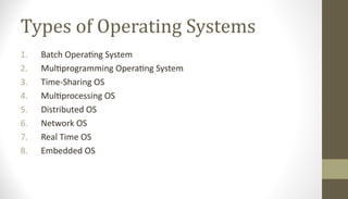 Types of Operating Systems
1. Batch Operating System
2. Multiprogramming Operating System
3. Time-Sharing OS
4. Multiprocessing OS
5. Distributed OS
6. Network OS
7. Real Time OS
8. Embedded OS
 