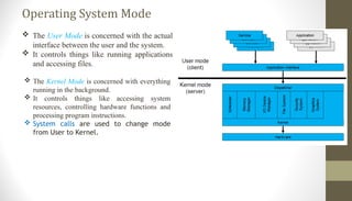 Operating System Mode
 The User Mode is concerned with the actual
interface between the user and the system.
 It controls things like running applications
and accessing files.
 The Kernel Mode is concerned with everything
running in the background.
 It controls things like accessing system
resources, controlling hardware functions and
processing program instructions.
 System calls are used to change mode
from User to Kernel.
 