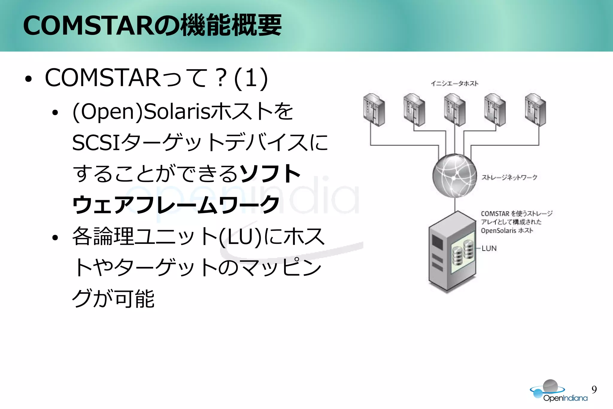 COMSTARの機能概要
●   COMSTARって？(1)
    ●   (Open)Solarisホストを
        SCSIターゲットデバイスに
        することができるソフト
        ウェアフレームワーク
    ●   各論理ユニット(LU)にホス
        トやターゲットのマッピン
        グが可能



                            9
 
