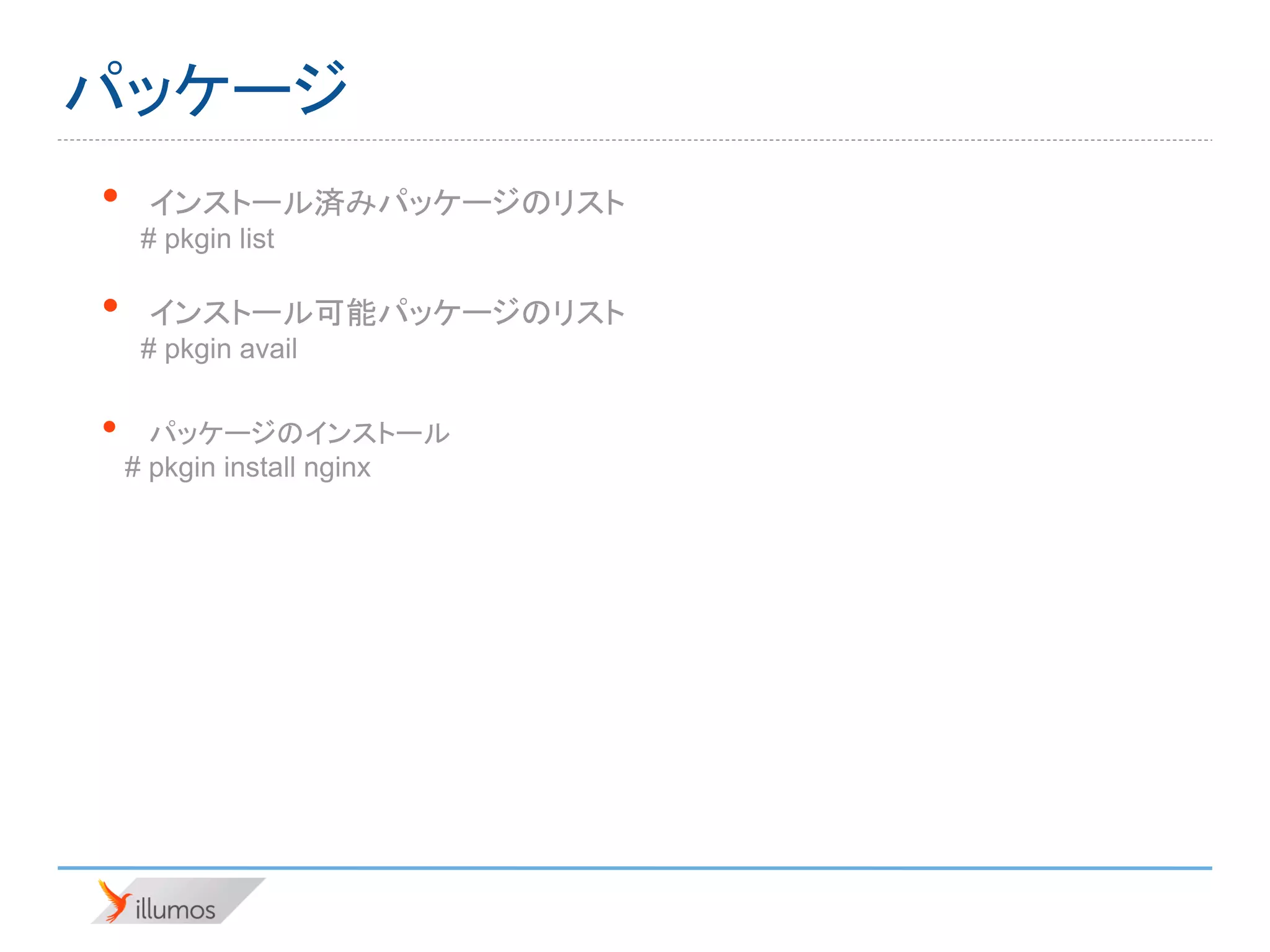パッケージ
•    インストール済みパッケージのリスト
     # pkgin list

•    インストール可能パッケージのリスト
     # pkgin avail


•     パッケージのインストール
    # pkgin install nginx
 