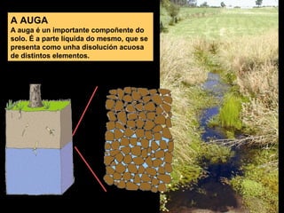 A AUGA
A auga é un importante compoñente do
solo. É a parte líquida do mesmo, que se
presenta como unha disolución acuosa
de distintos elementos.

 
