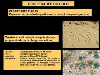 PROPIEDADES DO SOLO
PROPIEDADES FÍSICAS:
Dependen do tamaño das partículas e a capacidade para agruparse.

Textura: está determinada pola distinta
proporción de partículas grosas e finas.

Tipos de
solos
segundo a
súa textura

-Arxiloso: máis dun 55% de arxila
-Limoso: máis do 85% de limo
-Areoso: máis do 85% de area
-Franco: menos dun 25% de arxila e
proporcións semellantes de area e limo. É
o que presenta as mellores condicións
para o desenvolvementos das plantas.

 