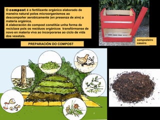 O compost é o fertilizante orgánico elaborado de
maneira natural polos microorganismos ao
descompoñer aerobicamente (en presenza de aire) a
materia orgánica.
A elaboración do compost constitúe unha forma de
reciclaxe pois os resíduos orgánicos transfórmanse de
novo en materia viva ao incorporarse ao ciclo de vida
dos vexetais.
PREPARACIÓN DO COMPOST

composteiro
caseiro

 