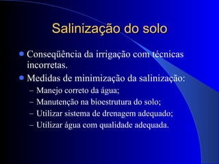 Salinização do solo Conseqüência da irrigação com técnicas incorretas. Medidas de minimização da salinização: Manejo correto da água; Manutenção na bioestrutura do solo; Utilizar sistema de drenagem adequado; Utilizar água com qualidade adequada. 