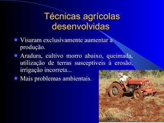 Técnicas agrícolas desenvolvidas  Visaram exclusivamente aumentar a produção. Aradura, cultivo morro abaixo, queimada, utilização de terras susceptíveis à erosão, irrigação incorreta... Mais problemas ambientais. 