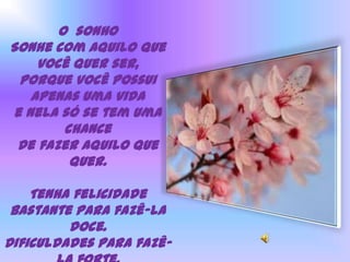 O sonho
Sonhe com aquilo que
você quer ser,
porque você possui
apenas uma vida
e nela só se tem uma
chance
de fazer aquilo que
quer.
Tenha felicidade
bastante para fazê-la
doce.
Dificuldades para fazê-