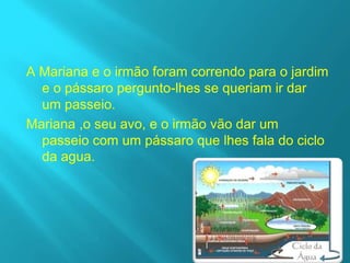 A Mariana e o irmão foram correndo para o jardim
  e o pássaro pergunto-lhes se queriam ir dar
  um passeio.
Mariana ,o seu avo, e o irmão vão dar um
  passeio com um pássaro que lhes fala do ciclo
  da agua.
 