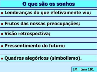 Atividade do Espírito durante o sono       Os Espíritos mais imperfeitos, em vez de procurar a companhia de Espíritos bons, buscam a de seus iguais. Vão, enquanto dormem em busca de emoções talvez até menos dignas das que alimentam quando em vigília.        Assim, por questões de afinidade, entram em contato com outros Espíritos que vivem nos vícios, no erro, na maledicência.11