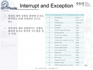 20/66
Interrupt and Exception
Vector NO. Description Type
0 Divide Error Fault
1 Debug Fault / Trap
2 NMI Interrupt Interrupt
3 Breakpoint Trap
4 Overflow Trap
5 BOUND Range Exceeded Fault
6 Invalid Opcode Fault
7 Device Not available Fault
8 Double fault Abort
9 Coprocessor segment overrun Fault
10 Invalid TSS Fault
11 Segment not present Fault
12 Stack segment fault Fault
13 General protection Fault
14 Page fault Fault
15 Intel reserved. Do not use. Fault
16 FPU error Fault
17 Alignment check Fault
18 Machine check Abort
19 SIMD Floating point exception Fault
• 현재의 예외 상황을 화면에 문자로
출력하고 원래 작업하던 곳으로
iret
• 몇몇개의 예외 상황에서는 상황을
화면에 문자로 출력후 시스템을 정
지 시킴.
 