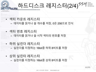 44/66
하드디스크 레지스터(2/4)
• 섹터 카운트 레지스터
– 데이터를 읽거나 쓸 개수를 저장, 0은 256으로 인식
• 섹터 번호 레지스터
– 데이터를 읽거나 쓸 시작 섹터의 번호를 저장
• 하위 실린더 레지스터
– 실린더를 지정하는 16bit중 하위 8비트를 저장
• 상위 실린터 레지스터
– 실린더를 지정하는 16bit중 상위 8비트를 저장
 