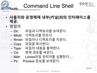 65/66
Command Line Shell
• 사용자와 운영체제 내부(커널)와의 인터페이스를
제공.
• 명령어
– Dir: 파일과 디렉토리를 보여준다.
– Mkdir: 디렉토리를 만든다.
– Rmdir: 파일이나 디렉토리를 지운다.
– Copy: 파일을 복사한다.
– Type: 파일의 내용을 출력한다.
– Cd: 현재 경로를 바꾼다.
– Mdir: Lomos파일 관리자를 실행한다.
– Ps : Process 정보를 보여준다.
 