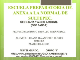 ESCUELA PREPARATORIA OF.
  ANEXA A LA NORMAL DE
       SULTEPEC.
        GEOGRAFIA Y MEDIO AMBIENTE.
              (OSO PANDA)

  PROFESOR: ANTONIO TRUJILLO HERNANDEZ.

    ALUMNA: LILIANA ITA ANDEHUI FLORES
                 JIMENEZ
             MATRICULA: 3113

         TERCER GRADO.       GRUPO “I”
 http://www.slideshare.net/GEO_AMBIENTALES/o
      so-panda-11808459?from=share_email
 