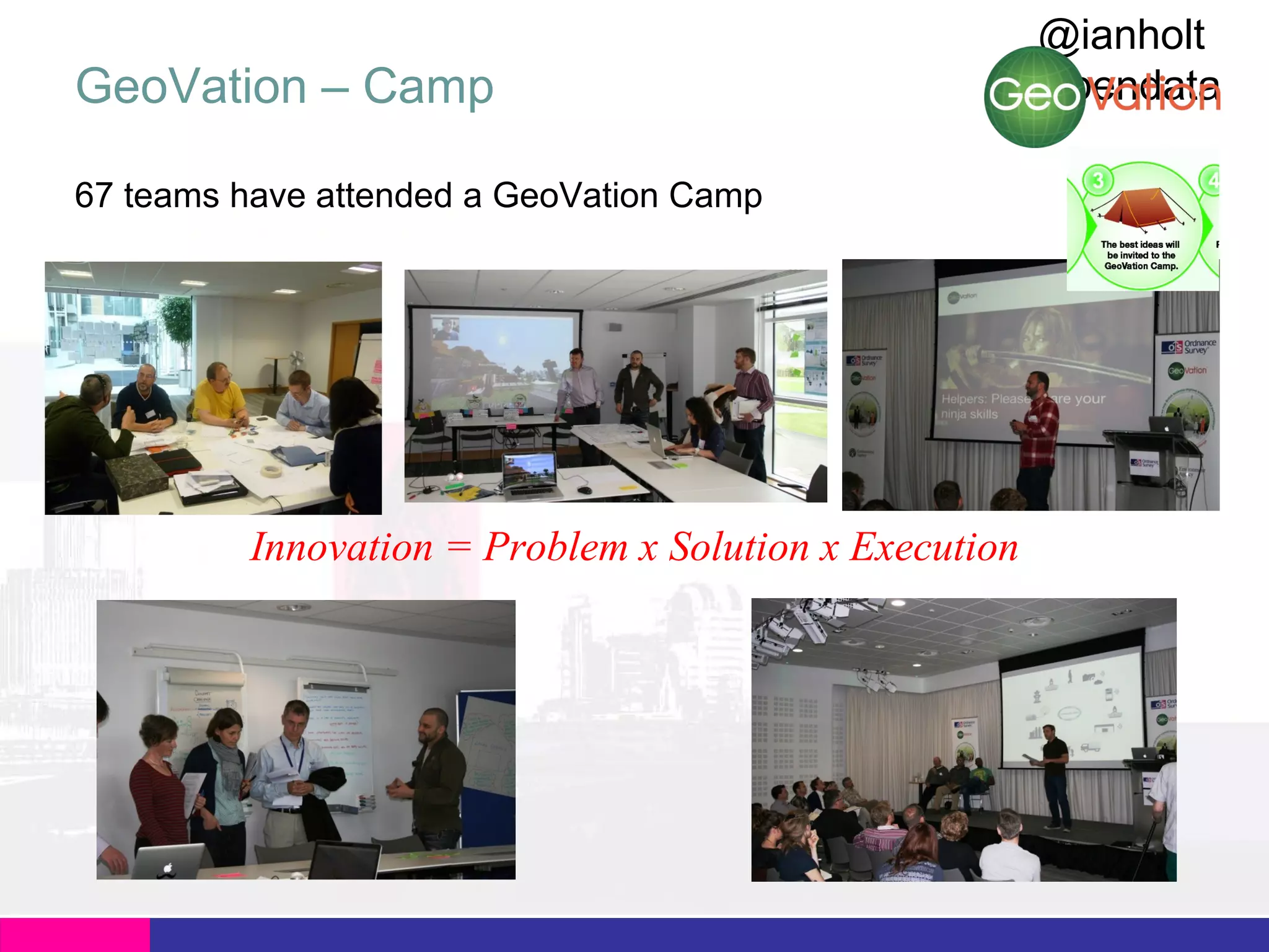 GeoVation – Camp
67 teams have attended a GeoVation Camp

Innovation = Problem x Solution x Execution

@ianholt
#opendata

 