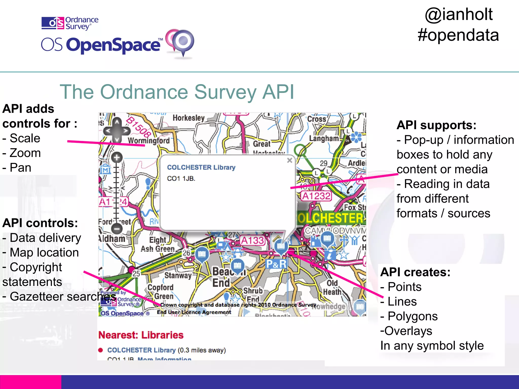 @ianholt
#opendata

The Ordnance Survey API

API adds
controls for :
- Scale
- Zoom
- Pan

API controls:
- Data delivery
- Map location
- Copyright
statements
- Gazetteer searches

API supports:
- Pop-up / information
boxes to hold any
content or media
- Reading in data
from different
formats / sources

API creates:
- Points
- Lines
- Polygons
-Overlays
In any symbol style

 