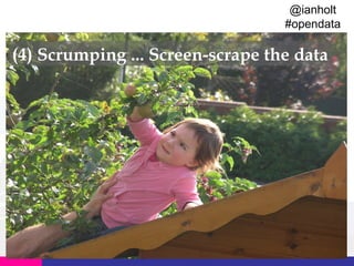 @ianholt
#opendata

(4) Scrumping ... Screen-scrape the data

 