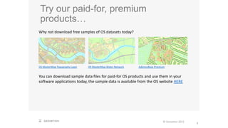 Try our paid-for, premium
products…
© Geovation 2015
8
Why not download free samples of OS datasets today?
OS MasterMap Topography Layer OS MasterMap Water Network AddressBase Premium
You can download sample data files for paid-for OS products and use them in your
software applications today, the sample data is available from the OS website HERE
 