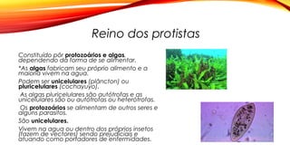 Reino dos protistas
Constituído pôr protozoários e algas,
dependendo da forma de se alimentar.
*As algas fabricam seu próprio alimento e a
maioria vivem na agua.
Podem ser unicelulares (plâncton) ou
pluricelulares (cochayuyo).
As algas pluricelulares são autótrofas e as
unicelulares são ou autótrofas ou heterótrofas.
Os protozoários se alimentam de outros seres e
alguns parasitos.
São unicelulares.
Vivem na agua ou dentro dos próprios insetos
(fazem de vectores) sendo prejudiciais e
atuando como portadores de enfermidades.
 