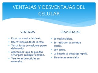 VENTAJAS Y DESVENTAJAS DEL
CELULAR
VENTAJAS
 Escuchar musica desde el.
 Hacer trabajos desde la casa.
 Tomar fotos en cualquier parte
del mundo.
 Aplicaciones que te pueden
servir para cualquier ocasión.
 Te enteras de noticias en
segundos.
DESVENTAJAS
 Se vuelve adicto.
 Se radiacion se contrae
cancer.
 Son caros.
 La bateria se descarga rapido.
 Si se te cae se te daña.
 
