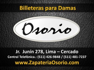 Jr. Junín 278, Lima – Cercado
Central Telefónica.: (511) 426-9848 / (511) 481-7237
www.ZapateriaOsorio.com
Billeteras para Damas
 