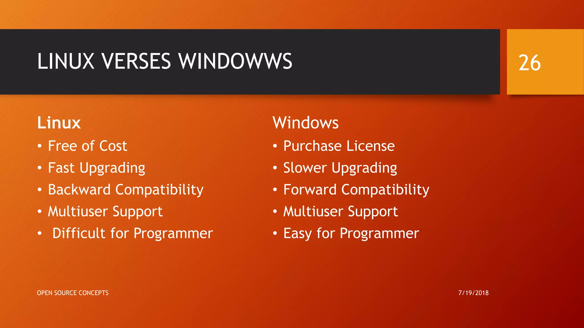 LINUX VERSES WINDOWWS
Linux
• Free of Cost
• Fast Upgrading
• Backward Compatibility
• Multiuser Support
• Difficult for Programmer
Windows
• Purchase License
• Slower Upgrading
• Forward Compatibility
• Multiuser Support
• Easy for Programmer
7/19/2018OPEN SOURCE CONCEPTS
26
 