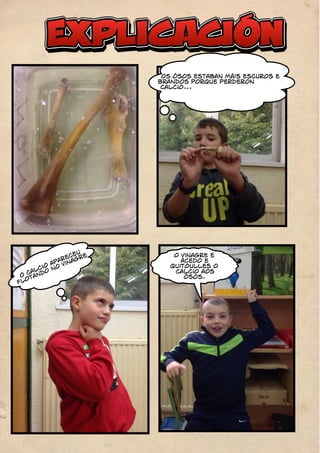 Os ósos estaban máis escuros e 
brandos porque perderon 
calcio... 
O calcio apareceu 
flotando no vinagre 
o vinagre é 
ácedo e 
quitoulles o 
calcio aos 
ósos. 
 