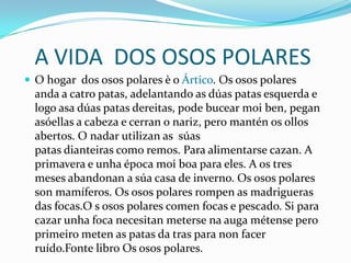 A VIDA DOS OSOS POLARES
 O hogar dos osos polares è o Ártico. Os osos polares

anda a catro patas, adelantando as dúas patas esquerda e
logo asa dúas patas dereitas, pode bucear moi ben, pegan
asóellas a cabeza e cerran o nariz, pero mantén os ollos
abertos. O nadar utilizan as súas
patas dianteiras como remos. Para alimentarse cazan. A
primavera e unha época moi boa para eles. A os tres
meses abandonan a súa casa de inverno. Os osos polares
son mamíferos. Os osos polares rompen as madrigueras
das focas.O s osos polares comen focas e pescado. Si para
cazar unha foca necesitan meterse na auga métense pero
primeiro meten as patas da tras para non facer
ruído.Fonte libro Os osos polares.

 