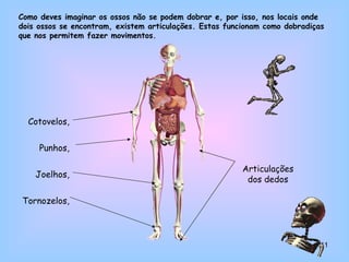 Cotovelos, Punhos, Joelhos, Tornozelos, Como deves imaginar os ossos não se podem dobrar e, por isso, nos locais onde dois ossos se encontram, existem articulações. Estas funcionam como dobradiças que nos permitem fazer movimentos. Articulações dos dedos 