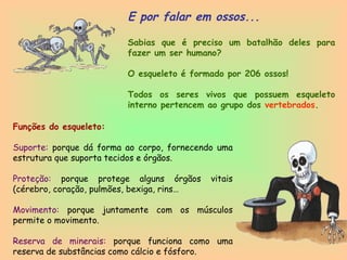 2
E por falar em ossos...
Sabias que é preciso um batalhão deles para
fazer um ser humano?
O esqueleto é formado por 206 ossos!
Todos os seres vivos que possuem esqueleto
interno pertencem ao grupo dos vertebrados.
Funções do esqueleto:
Suporte: porque dá forma ao corpo, fornecendo uma
estrutura que suporta tecidos e órgãos.
Proteção: porque protege alguns órgãos vitais
(cérebro, coração, pulmões, bexiga, rins…
Movimento: porque juntamente com os músculos
permite o movimento.
Reserva de minerais: porque funciona como uma
reserva de substâncias como cálcio e fósforo.
 