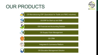 OUR PRODUCTS
OS Manufacturing ERP (Specialized for Textile and RMG industries)
OS ERP for Start-up and SME
OS Financial and Accounting Solution
OS Supply Chain Management
OS CRM
Integrated E-Commerce Platform
OS Education Management Solution
 
