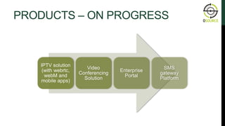 PRODUCTS – ON PROGRESS
IPTV solution
(with webrtc,
webM and
mobile apps)
Video
Conferencing
Solution
Enterprise
Portal
SMS
gateway
Platform
 