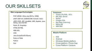 OUR SKILLSETS
Web Languages/Technologies
o PHP (ZEND, Other php MVCs, ORM)
o (ASP, ASP.net, COM/DCOM, ActiveX, OLE)
o J2EE (EJB, JSP, JavaMail, JMS, Applets, Java
Swing, Java Servlet
o Node JS, Angularjs
o HTML/DHTML
o XML/XSL
o CSS
o Java Script/ExtJS/JQuery
o Ruby on Rails
o Python
o Perl
Databases
 Oracle (PL/SQL, OCI)
 MS SQL Server
 MySql
 Postgre SQL
 Big Data (Learning)
 Maria DB
 IBM DB2
Mobile Platform
 IOS
 Android
 Windows Mobile platform
 Cross platform: Phone Gap
 Cross Platform: Cordova
 