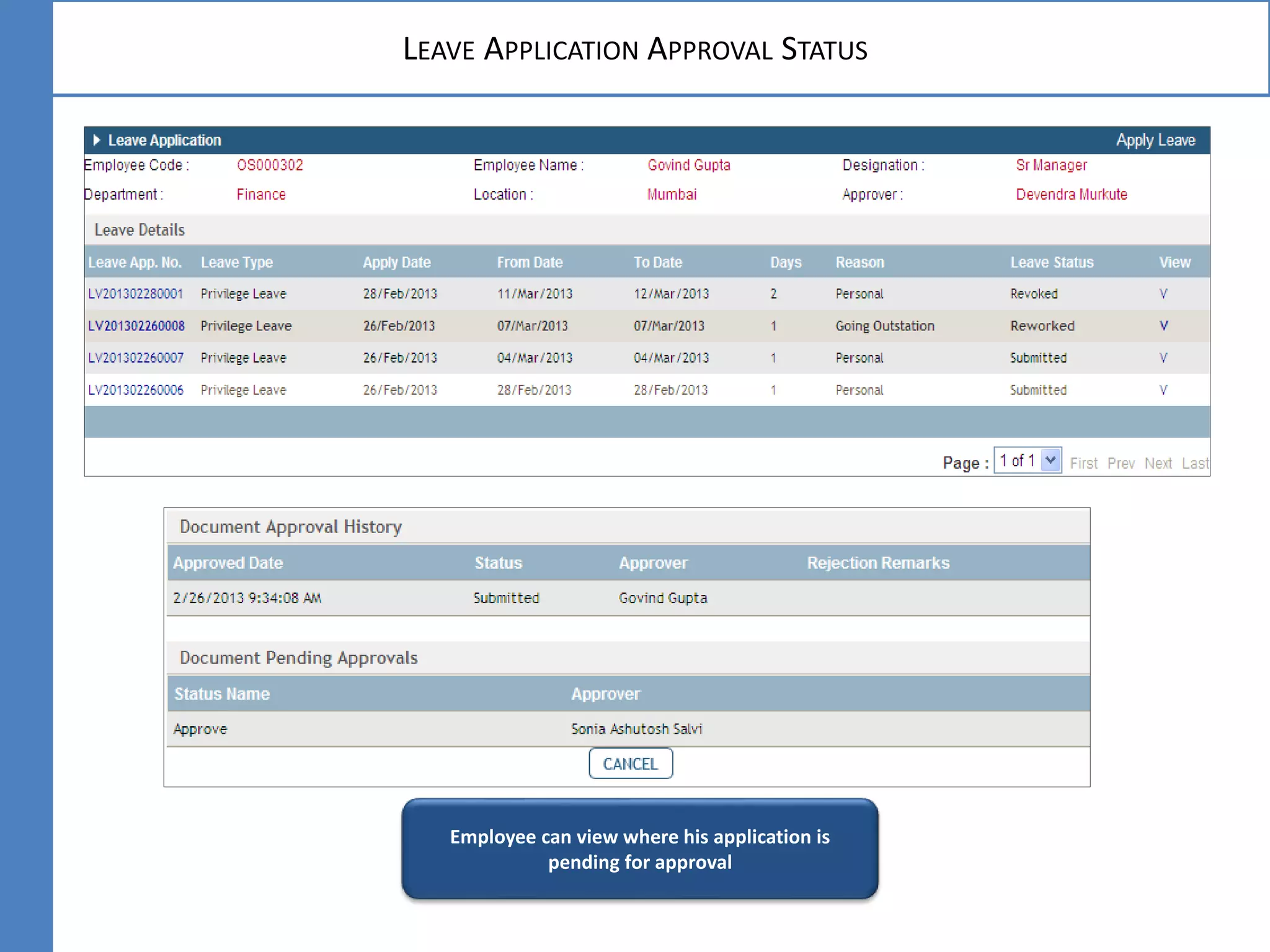 LEAVE APPLICATION APPROVAL STATUS
Employee can view where his application is
pending for approval
 