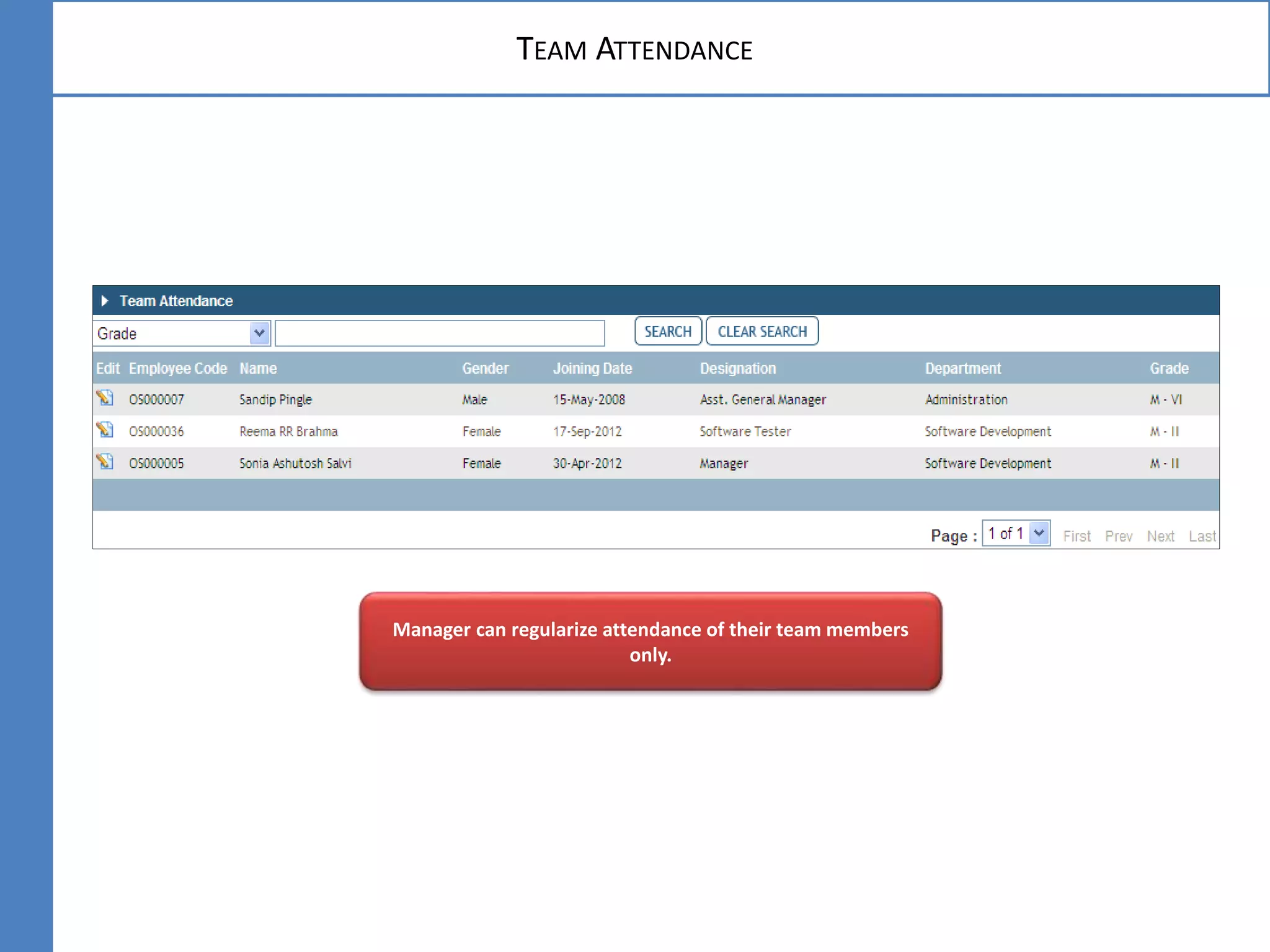 TEAM ATTENDANCE
Manager can regularize attendance of their team members
only.
 