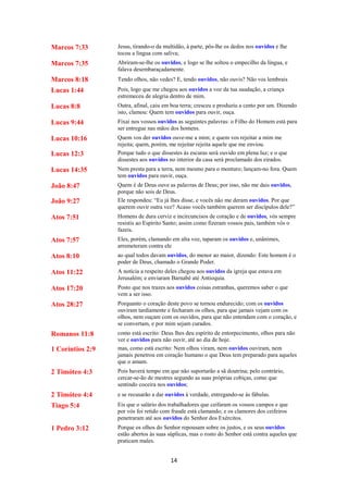 14
Marcos 7:33 Jesus, tirando-o da multidão, à parte, pôs-lhe os dedos nos ouvidos e lhe
tocou a língua com saliva;
Marcos 7:35 Abriram-se-lhe os ouvidos, e logo se lhe soltou o empecilho da língua, e
falava desembaraçadamente.
Marcos 8:18 Tendo olhos, não vedes? E, tendo ouvidos, não ouvis? Não vos lembrais
Lucas 1:44 Pois, logo que me chegou aos ouvidos a voz da tua saudação, a criança
estremeceu de alegria dentro de mim.
Lucas 8:8 Outra, afinal, caiu em boa terra; cresceu e produziu a cento por um. Dizendo
isto, clamou: Quem tem ouvidos para ouvir, ouça.
Lucas 9:44 Fixai nos vossos ouvidos as seguintes palavras: o Filho do Homem está para
ser entregue nas mãos dos homens.
Lucas 10:16 Quem vos der ouvidos ouve-me a mim; e quem vos rejeitar a mim me
rejeita; quem, porém, me rejeitar rejeita aquele que me enviou.
Lucas 12:3 Porque tudo o que dissestes às escuras será ouvido em plena luz; e o que
dissestes aos ouvidos no interior da casa será proclamado dos eirados.
Lucas 14:35 Nem presta para a terra, nem mesmo para o monturo; lançam-no fora. Quem
tem ouvidos para ouvir, ouça.
João 8:47 Quem é de Deus ouve as palavras de Deus; por isso, não me dais ouvidos,
porque não sois de Deus.
João 9:27 Ele respondeu: “Eu já lhes disse, e vocês não me deram ouvidos. Por que
querem ouvir outra vez? Acaso vocês também querem ser discípulos dele?”
Atos 7:51 Homens de dura cerviz e incircuncisos de coração e de ouvidos, vós sempre
resistis ao Espírito Santo; assim como fizeram vossos pais, também vós o
fazeis.
Atos 7:57 Eles, porém, clamando em alta voz, taparam os ouvidos e, unânimes,
arremeteram contra ele
Atos 8:10 ao qual todos davam ouvidos, do menor ao maior, dizendo: Este homem é o
poder de Deus, chamado o Grande Poder.
Atos 11:22 A notícia a respeito deles chegou aos ouvidos da igreja que estava em
Jerusalém; e enviaram Barnabé até Antioquia.
Atos 17:20 Posto que nos trazes aos ouvidos coisas estranhas, queremos saber o que
vem a ser isso.
Atos 28:27 Porquanto o coração deste povo se tornou endurecido; com os ouvidos
ouviram tardiamente e fecharam os olhos, para que jamais vejam com os
olhos, nem ouçam com os ouvidos, para que não entendam com o coração, e
se convertam, e por mim sejam curados.
Romanos 11:8 como está escrito: Deus lhes deu espírito de entorpecimento, olhos para não
ver e ouvidos para não ouvir, até ao dia de hoje.
1 Coríntios 2:9 mas, como está escrito: Nem olhos viram, nem ouvidos ouviram, nem
jamais penetrou em coração humano o que Deus tem preparado para aqueles
que o amam.
2 Timóteo 4:3 Pois haverá tempo em que não suportarão a sã doutrina; pelo contrário,
cercar-se-ão de mestres segundo as suas próprias cobiças, como que
sentindo coceira nos ouvidos;
2 Timóteo 4:4 e se recusarão a dar ouvidos à verdade, entregando-se às fábulas.
Tiago 5:4 Eis que o salário dos trabalhadores que ceifaram os vossos campos e que
por vós foi retido com fraude está clamando; e os clamores dos ceifeiros
penetraram até aos ouvidos do Senhor dos Exércitos.
1 Pedro 3:12 Porque os olhos do Senhor repousam sobre os justos, e os seus ouvidos
estão abertos às suas súplicas, mas o rosto do Senhor está contra aqueles que
praticam males.
 