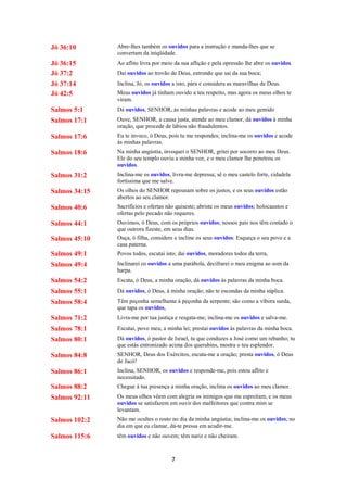 7
Jó 36:10 Abre-lhes também os ouvidos para a instrução e manda-lhes que se
convertam da iniqüidade.
Jó 36:15 Ao aflito livra por meio da sua aflição e pela opressão lhe abre os ouvidos.
Jó 37:2 Dai ouvidos ao trovão de Deus, estrondo que sai da sua boca;
Jó 37:14 Inclina, Jó, os ouvidos a isto, pára e considera as maravilhas de Deus.
Jó 42:5 Meus ouvidos já tinham ouvido a teu respeito, mas agora os meus olhos te
viram.
Salmos 5:1 Dá ouvidos, SENHOR, às minhas palavras e acode ao meu gemido
Salmos 17:1 Ouve, SENHOR, a causa justa, atende ao meu clamor, dá ouvidos à minha
oração, que procede de lábios não fraudulentos.
Salmos 17:6 Eu te invoco, ó Deus, pois tu me respondes; inclina-me os ouvidos e acode
às minhas palavras.
Salmos 18:6 Na minha angústia, invoquei o SENHOR, gritei por socorro ao meu Deus.
Ele do seu templo ouviu a minha voz, e o meu clamor lhe penetrou os
ouvidos.
Salmos 31:2 Inclina-me os ouvidos, livra-me depressa; sê o meu castelo forte, cidadela
fortíssima que me salve.
Salmos 34:15 Os olhos do SENHOR repousam sobre os justos, e os seus ouvidos estão
abertos ao seu clamor.
Salmos 40:6 Sacrifícios e ofertas não quiseste; abriste os meus ouvidos; holocaustos e
ofertas pelo pecado não requeres.
Salmos 44:1 Ouvimos, ó Deus, com os próprios ouvidos; nossos pais nos têm contado o
que outrora fizeste, em seus dias.
Salmos 45:10 Ouça, ó filha, considere e incline os seus ouvidos: Esqueça o seu povo e a
casa paterna.
Salmos 49:1 Povos todos, escutai isto; dai ouvidos, moradores todos da terra,
Salmos 49:4 Inclinarei os ouvidos a uma parábola, decifrarei o meu enigma ao som da
harpa.
Salmos 54:2 Escuta, ó Deus, a minha oração, dá ouvidos às palavras da minha boca.
Salmos 55:1 Dá ouvidos, ó Deus, à minha oração; não te escondas da minha súplica.
Salmos 58:4 Têm peçonha semelhante à peçonha da serpente; são como a víbora surda,
que tapa os ouvidos,
Salmos 71:2 Livra-me por tua justiça e resgata-me; inclina-me os ouvidos e salva-me.
Salmos 78:1 Escutai, povo meu, a minha lei; prestai ouvidos às palavras da minha boca.
Salmos 80:1 Dá ouvidos, ó pastor de Israel, tu que conduzes a José como um rebanho; tu
que estás entronizado acima dos querubins, mostra o teu esplendor.
Salmos 84:8 SENHOR, Deus dos Exércitos, escuta-me a oração; presta ouvidos, ó Deus
de Jacó!
Salmos 86:1 Inclina, SENHOR, os ouvidos e responde-me, pois estou aflito e
necessitado.
Salmos 88:2 Chegue à tua presença a minha oração, inclina os ouvidos ao meu clamor.
Salmos 92:11 Os meus olhos vêem com alegria os inimigos que me espreitam, e os meus
ouvidos se satisfazem em ouvir dos malfeitores que contra mim se
levantam.
Salmos 102:2 Não me ocultes o rosto no dia da minha angústia; inclina-me os ouvidos; no
dia em que eu clamar, dá-te pressa em acudir-me.
Salmos 115:6 têm ouvidos e não ouvem; têm nariz e não cheiram.
 