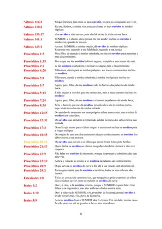 8
Salmos 116:2 Porque inclinou para mim os seus ouvidos, invocá-lo-ei enquanto eu viver.
Salmos 130:2 Escuta, Senhor, a minha voz; estejam alertas os teus ouvidos às minhas
súplicas.
Salmos 135:17 têm ouvidos e não ouvem; pois não há alento de vida em sua boca.
Salmos 141:1 SENHOR, a ti clamo, dá-te pressa em me acudir; inclina os ouvidos à
minha voz, quando te invoco.
Salmos 143:1 Atende, SENHOR, a minha oração, dá ouvidos às minhas súplicas.
Responde-me, segundo a tua fidelidade, segundo a tua justiça.
Provérbios 1:5 Meu filho, dê atenção à minha sabedoria, incline os ouvidos para perceber o
meu discernimento.
Provérbios 1:33 Mas o que me der ouvidos habitará seguro, tranqüilo e sem temor do mal.
Provérbios 2:2 se der ouvidos à sabedoria e inclinar o coração para o discernimento
Provérbios 4:20 Filho meu, atenta para as minhas palavras; aos meus ensinamentos inclina
os ouvidos.
Provérbios 5:1 Filho meu, atende a minha sabedoria; à minha inteligência inclina os
ouvidos
Provérbios 5:7 Agora, pois, filho, dá-me ouvidos e não te desvies das palavras da minha
boca.
Provérbios 5:13 E não escutei a voz dos que me ensinavam, nem a meus mestres inclinei os
ouvidos!
Provérbios 7:24 Agora, pois, filho, dá-me ouvidos e sê atento às palavras da minha boca;
Provérbios 8:34 Feliz o homem que me dá ouvidos, velando dia a dia às minhas portas,
esperando às ombreiras da minha entrada.
Provérbios 12:15 O caminho do insensato aos seus próprios olhos parece reto, mas o sábio dá
ouvidos aos conselhos.
Provérbios 15:31 Os ouvidos que atendem à repreensão salutar no meio dos sábios têm a sua
morada.
Provérbios 17:4 O malfazejo atenta para o lábio iníquo; o mentiroso inclina os ouvidos para
a língua maligna.
Provérbios 18:15 O coração do que tem discernimento adquire conhecimento; os ouvidos dos
sábios saem à sua procura.
Provérbios 20:12 Os ouvidos que ouvem e os olhos que vêem foram feitos pelo Senhor.
Provérbios 21:13 Quem fecha os ouvidos ao clamor dos pobres também clamará e não terá
resposta.
Provérbios 23:9 Não fales aos ouvidos do insensato, porque desprezará a sabedoria das tuas
palavras.
Provérbios 23:12 Aplica o coração ao ensino e os ouvidos às palavras do conhecimento.
Provérbios 28:9 O que desvia os ouvidos de ouvir a lei, até a sua oração será abominável.
Provérbios 29:2 Para o governante que dá ouvidos a mentiras, todos os seus oficiais são
ímpios.
Eclesiastes 1:8 Todas as coisas são canseiras tais, que ninguém as pode exprimir; os olhos
não se fartam de ver, nem se enchem os ouvidos de ouvir.
Isaías 1:2 Ouvi, ó céus, e dá ouvidos, ó terra, porque o SENHOR é quem fala: Criei
filhos e os engrandeci, mas eles estão revoltados contra mim.
Isaías 1:10 Ouvi a palavra do SENHOR, vós, príncipes de Sodoma; prestai ouvidos à
lei do nosso Deus, vós, povo de Gomorra.
Isaías 5:9 A meus ouvidos disse o SENHOR dos Exércitos: Em verdade, muitas casas
ficarão desertas, até as grandes e belas, sem moradores.
 