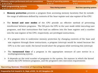 Efficiency, system performance and user convenience Classes of operating systems Batch processing
system, Multi programming systems Time sharing systems Real time operating systems
Prepared by Prof. Anand H. D., Dept. of ECE, Dr. AIT, Bengaluru-56 18
Operating System: Overview of Operating Systems
Efficiency, system performance and user convenience Classes of operating systems Batch processing system
Multi programming systems
 Memory protection prevents a program from accessing memory locations that lie outside
the range of addresses defined by contents of the base register and size register of the CPU.
 The kernel and user modes of the CPU provide an effective method of preventing
interference between programs. The OS puts the CPU in the user mode while executing user
programs, and that instructions that load an address into the base register and a number
into the size register of the CPU, respectively, are privileged instructions.
 If a program tries to undermine memory protection by changing contents of the base and
size registers through these instructions, a program interrupt would be raised because the
CPU is in the user mode; the kernel would abort the program while servicing this interrupt.
 The turnaround time of a program is the appropriate measure of user service in a
multiprogramming system.
 It depends on the total number of programs in the system, the manner in which the kernel
shares the CPU between programs, and the program’s own execution requirements
 