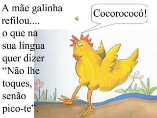 Cocorococó!
A mãe galinha
refilou....
o que na
sua língua
quer dizer
“Não lhe
toques,
senão
pico-te”.
 