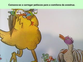 Cansava-se a carregar petiscos para a comilona da avestruz.
 