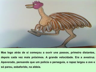 Mas logo atrás de si começou a ouvir uns passos, primeiro distantes,
depois cada vez mais próximos. A grande velocidade. Era a avestruz.
Apavorado, pensando que um polícia o perseguia, o rapaz largou a ave e
só parou, esbaforido, na aldeia.
 