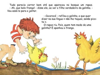 Tudo parecia correr bem até que apareceu no bosque um rapaz.
- Ah, que belo frango! - disse ele, ao ver o filho verdadeiro da galinha. -
Vou assá-lo para o jantar.
- Cocorocó - refilou a galinha, o que quer
dizer na sua língua « não lhe toques, senão pico-
te ».
O rapaz riu. Pois, quem tem medo de uma
galinha? E apanhou o frango.
 