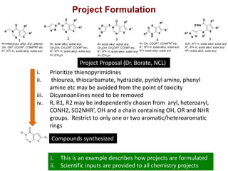 Figure 2. General structures of proposed molecules 7, 8 and 9
N
N S
O
R1
R2
R
R=Heterocycl, alkyl, aryl, alkenyl,
OH, OR3
, COOR4
, CONR5
R6
etc,
R1
, R2
= H, subst alkyl, subst aryl
N
N S
O
X
R1
R2
N
R= subst alkyl, subst aryl,
CH2OH, CH2OR3
, COOR4
etc,
R1
, R2
= H, subst alkyl, subst aryl
X= (CH2)n
N N
R
R= subst alkyl, subst aryl,
CH2OH, CH2OR3
, COOR4
etc,
R1
, R2
= H, subst alkyl, subst aryl
X= (CH2)n
N
N S
O
X
R1
R2
N
N
N
R
6
7 8
Figure 3. General structures of proposed molecules 9 and 10
N
H
S
R1
R2
R= CN, COOR4, CONR5R6 etc,
R1
, R2
= H, subst alkyl, subst aryl
R3
= subst alkyl, subst aryl
R,R', R3= H, subst alkyl, subst aryl
R1
, R2
= H, subst alkyl, subst aryl
R4= subst alkyl, subst aryl
9 10
R
R3
O
N S
R1
R2
N
N N
R4
R3
R'RN
O
Project Proposal (Dr. Borate, NCL)
i. Prioritize thienopyrimidines
ii. thiourea, thiocarbamate, hydrazide, pyridyl amine, phenyl
amine etc may be avoided from the point of toxicity
iii. Dicyanoanilines need to be removed
iv. R, R1, R2 may be independently chosen from aryl, heteroaryl,
CONH2, SO2NHR’, OH and a chain containing OH, OR and NHR
groups. Restrict to only one or two aromatic/heteroaromatic
rings
1 32 4 5
Compounds synthesized
N
N S
R
O
R1
Project Formulation
i. This is an example describes how projects are formulated
ii. Scientific inputs are provided to all chemistry projects
 