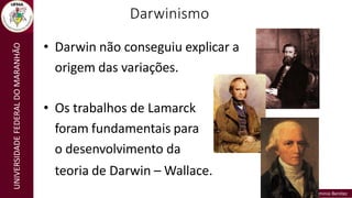 Prof. Dr. Hermínio Benítez
Prof. Dr. Hermínio Benítez
UNIVERSIDADE
FEDERAL
DO
MARANHÃO Darwinismo
• Darwin não conseguiu explicar a
origem das variações.
• Os trabalhos de Lamarck
foram fundamentais para
o desenvolvimento da
teoria de Darwin – Wallace.
 
