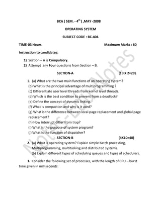 2009 Punjab Technical University B.C.A OPERATING SYSTEM Question paper ...