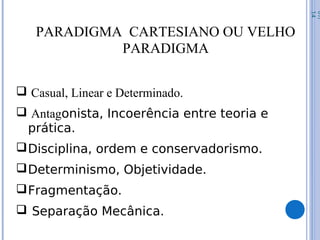 07/
14
PARADIGMA CARTESIANO OU VELHO
PARADIGMA
 Casual, Linear e Determinado.
 Antagonista, Incoerência entre teoria e
prática.
Disciplina, ordem e conservadorismo.
Determinismo, Objetividade.
Fragmentação.
 Separação Mecânica.
 