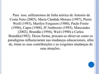 Para isso, utilizaremos de linha teórica de Antonio da
Costa Neto (2003), Maria Cândida Moraes (1997), Pierre
Weill (1993), Marilyn Ferguson (1980), Paulo Freire
(1996), Capra (1988), D’Ambrosio (1993), Marcondes
(2002), Brandão (1994), Weil (1990) e Carlos
Brandão(1982). Dessa forma, procura-se observar como os
paradigmas influenciaram nas mudanças educacionais, afim
de, tratar as suas contribuições e as exigentes mudanças de
suas atuações.
 