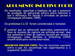ARGUMENTO INDUTIVO FORTE 
Os resultados suportam a hipótese de que o potencial de predação de ophiuroids diferiu entre habitats e que a diferença foi devido à atividade de peixes e caranguejos (Aronson, 1989). 
Os problemas I e II foram consideradas e testados 
É possível que os ophiuroids amarrados aumentaram a taxa de sucesso de captura em estrelas-do-mar, mas que aumentou a taxa de captura sucesso por peixes e caranguejos, como Barbeau e Scheibling (1994) encontraram para vieiras amarradas. 
ARGUMENTO INDUTIVO FORTE- Pois há raciocínio coerente entre o que foi encontrado nos experimentos e o argumento construído  