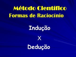 Formas de Raciocínio 
Indução 
Dedução 
X 
Método Científico  