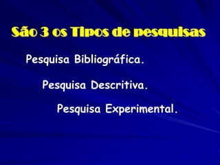 São 3 os Tipos de pesquisas 
Pesquisa Bibliográfica. 
Pesquisa Descritiva. 
Pesquisa Experimental.  